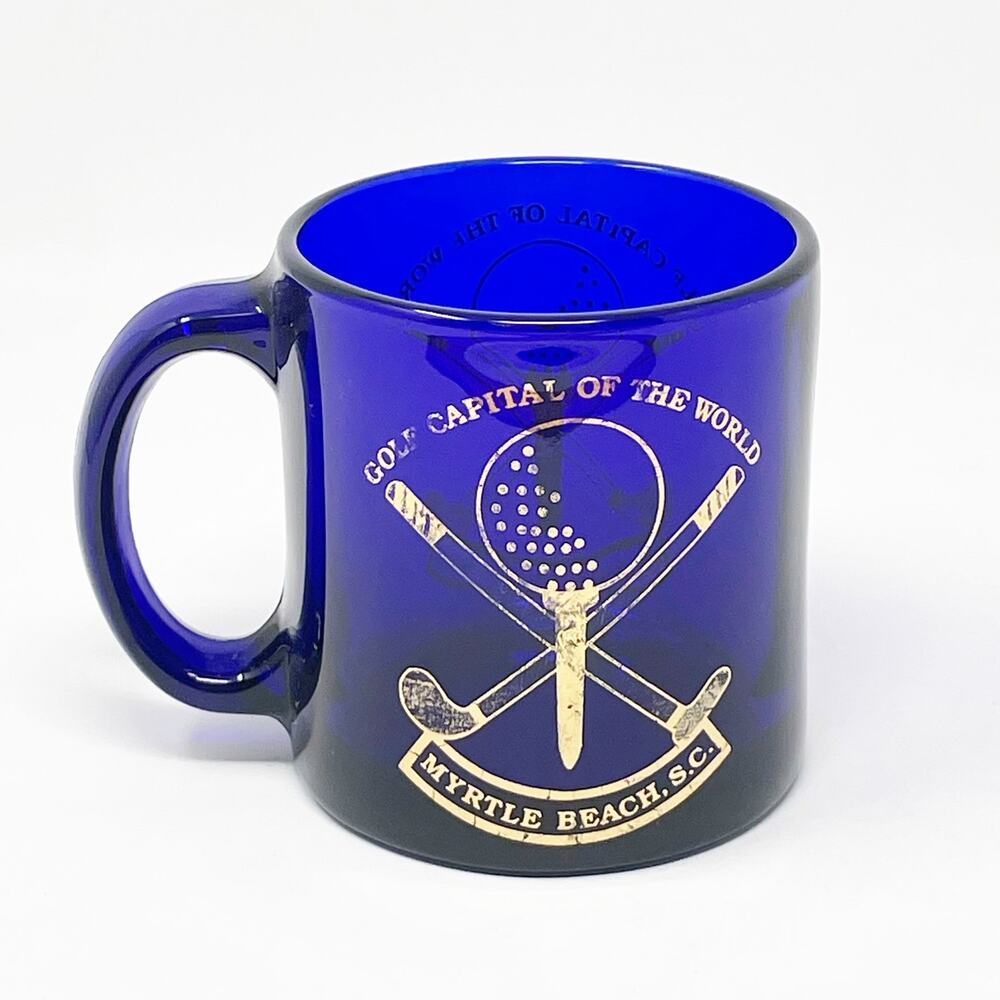 Vintage‎ Cobalt Blue Glass Myrtle Beach SC Golf Coffee Mug Gold Letters USA Made